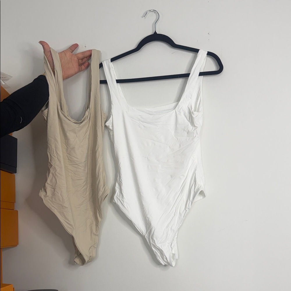 SHEIN White and Tan Bodysuit Set